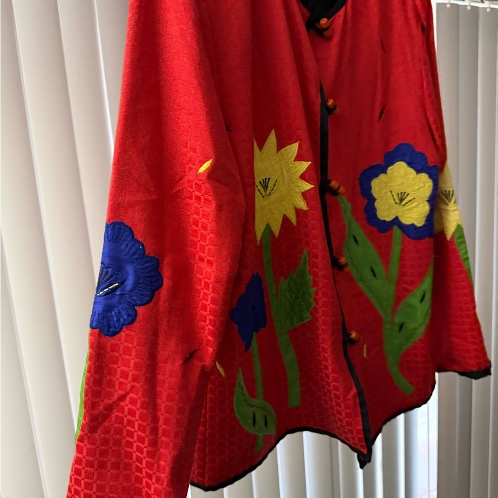Whimsical VTG Floral Jacket Red Embroidered Art to Wear Size M Made in India - Picture 5 of 7